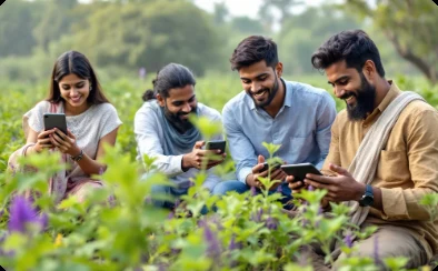 Farmers exploring technology in a field